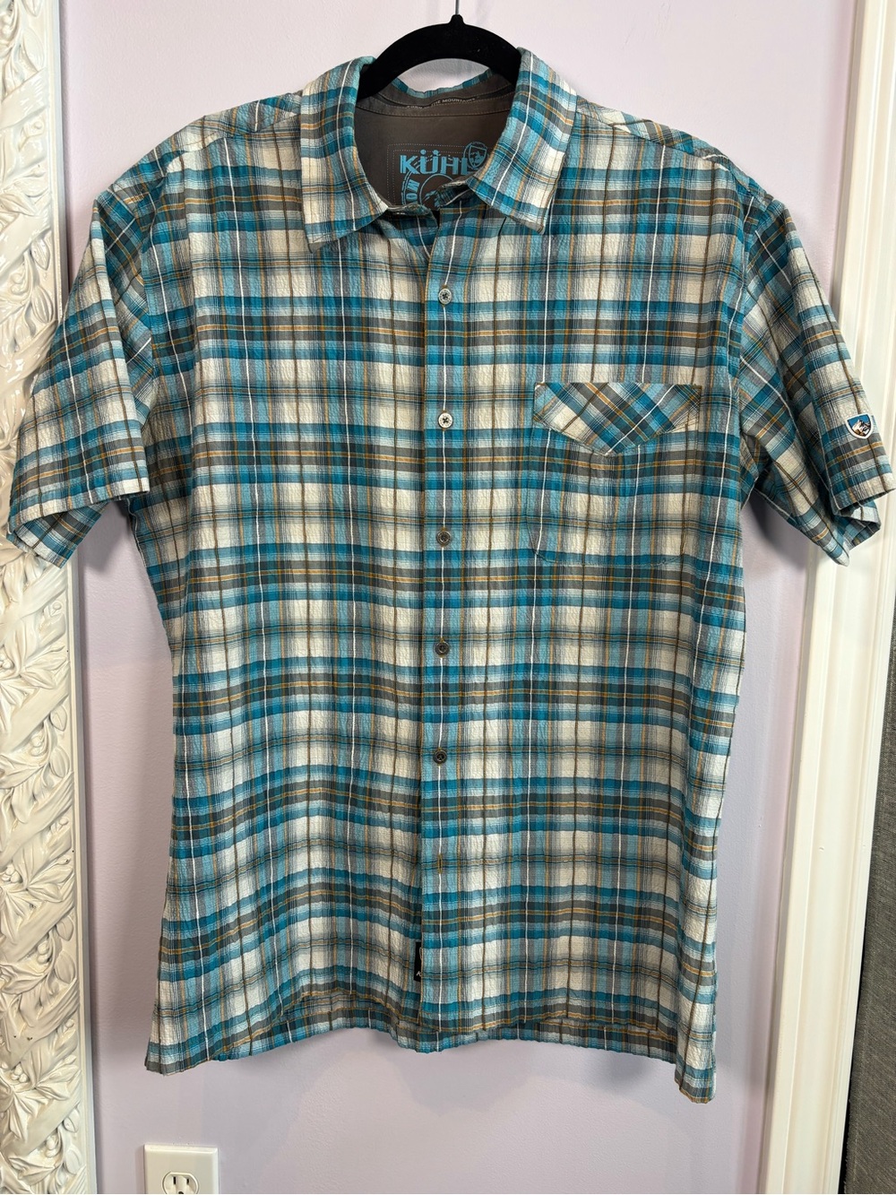 Kuhl Teal and Cream Plaid Short Sleeve Button-Down Shirt Size Large